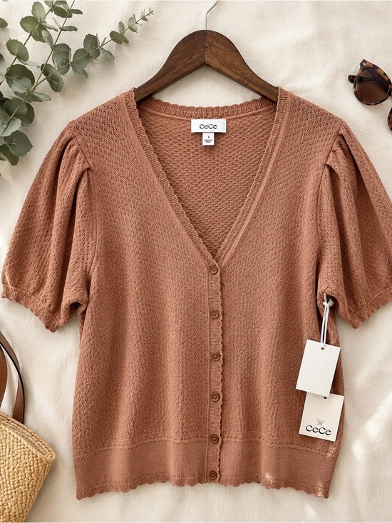 CeCe Tops - CeCe C’est La Vie Puff Sleeve Cardigan NWT Mocha Mousse Brown Balletcore L H39